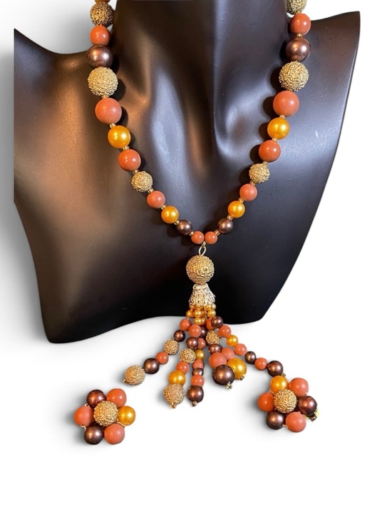 Vintage Jewelry - 1960’s Japan Multi-Colored Beaded Tassel Necklace & Clip-On Earring Set